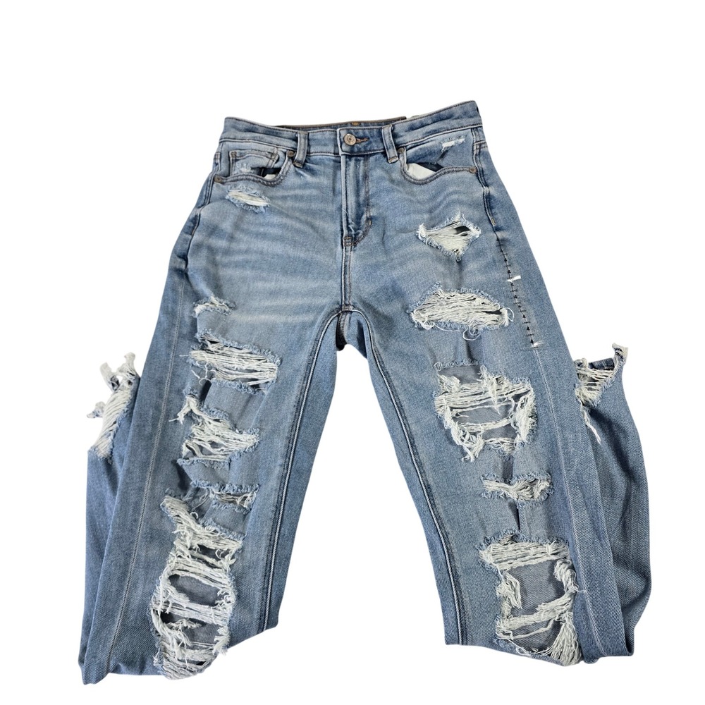 American Eagle Mom Jean Daylight Destroy Blue High Rise Distressed 4 Long
